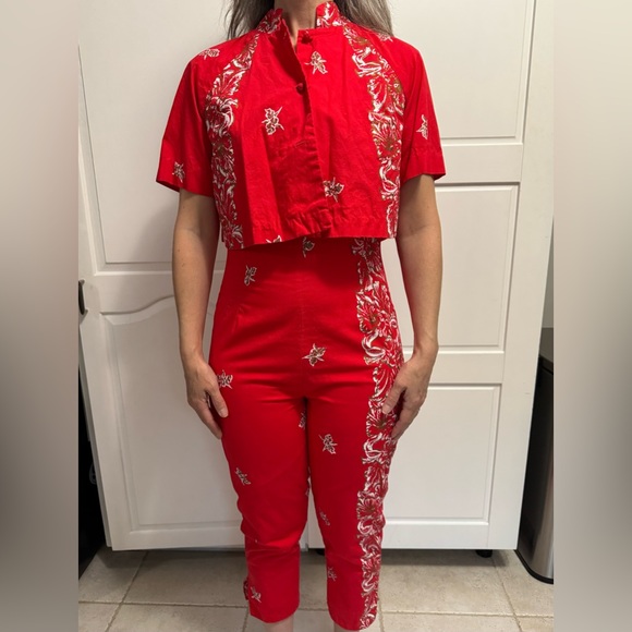 Custom vintage Red Jumpsuit with Cropped Jacket and Hawaiian/Asian Accents - Picture 1 of 8